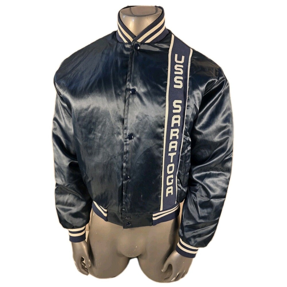 USS Saratoga Jacket Mens XL 80s US Navy Quilted Blue Satin USA Spell Out